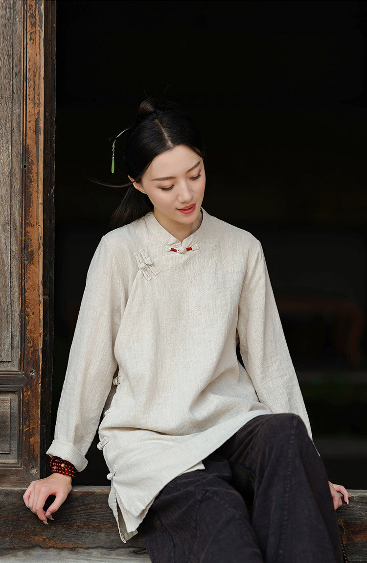 2026 Spring New Arrival: Retro Cotton-Linen Chinese-Style Stand-Collar, Color-Blocked, Button-Fastened, Wrap-Front Blouse for Women – Zen Tea Attire