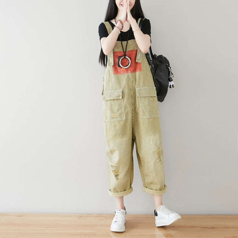 Cotton overalls, women's denim overalls, stonewashed loose overalls