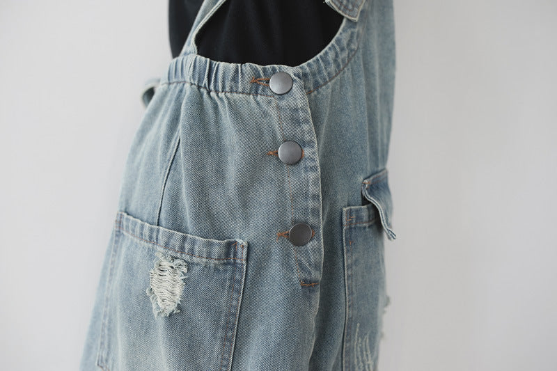 Cotton overalls, women's denim overalls, stonewashed loose overalls