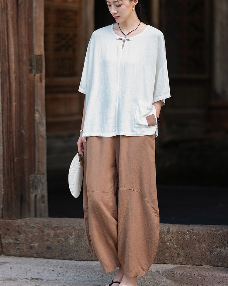 Frog button V-neck patchwork cotton  linen T-shirt, summer Chinese retro women sandwashed loose cotton  linen T-shirt 20240728
