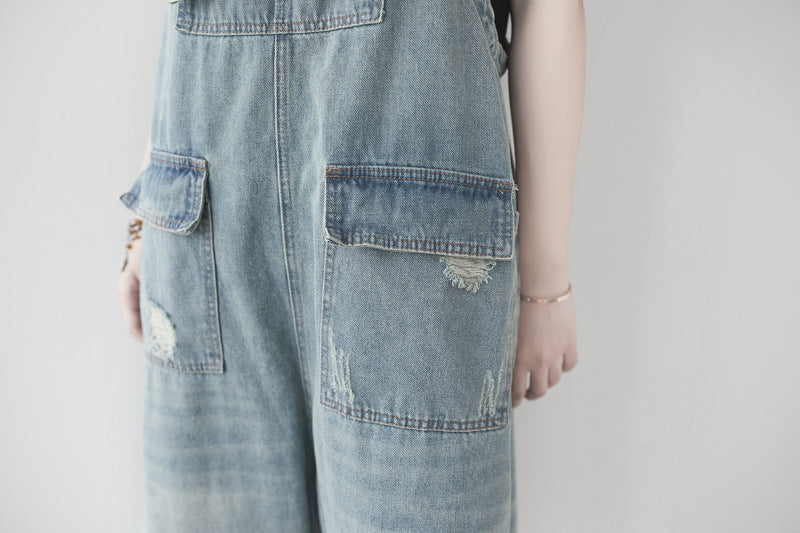 Cotton overalls, women's denim overalls, stonewashed loose overalls