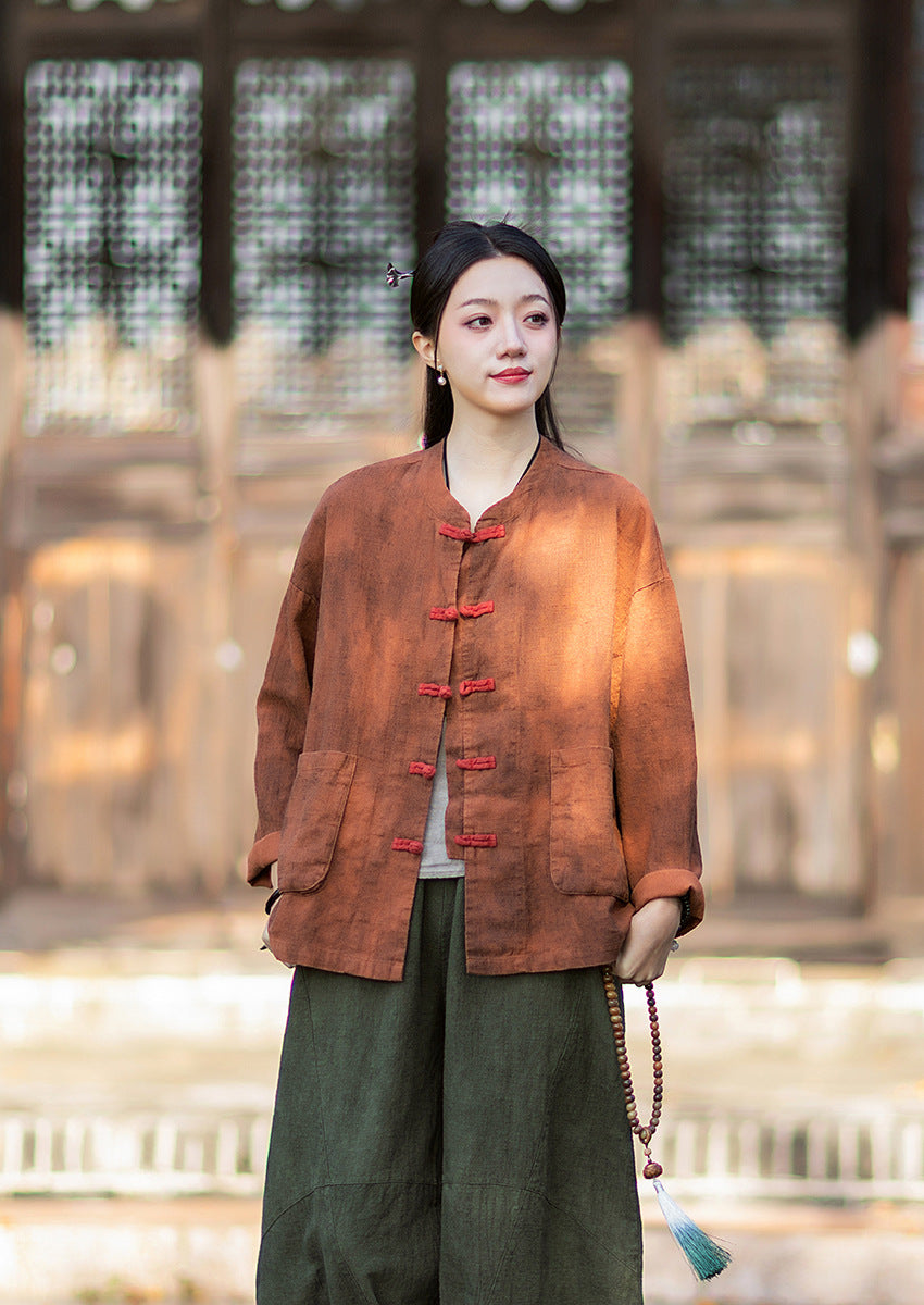 2026 Spring New Arrival: Vintage-inspired, distressed, sand-washed asymmetrical top; niche-style patchwork V-neck cotton-linen button-down cardigan