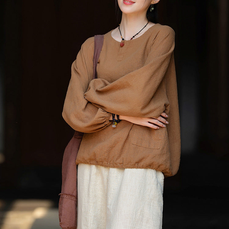 Loose long-sleeved cotton  linen T-shirt, vintage round neck cotton  linen  button top shirt 20240920