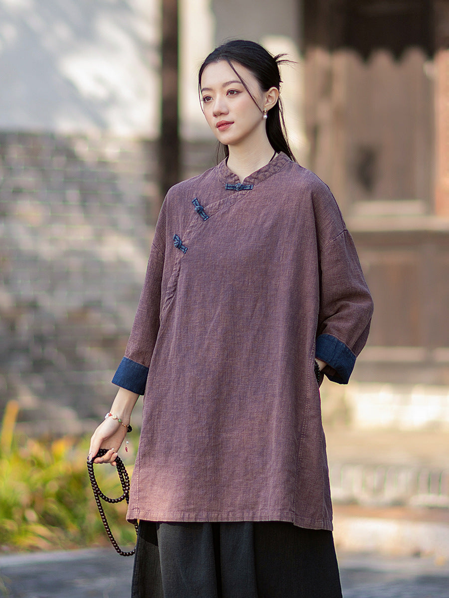 2026 Spring New Arrival: Retro Cotton-Linen Chinese-Style Stand-Collar, Color-Blocked, Button-Fastened, Wrap-Front Blouse for Women – Zen Tea Attire