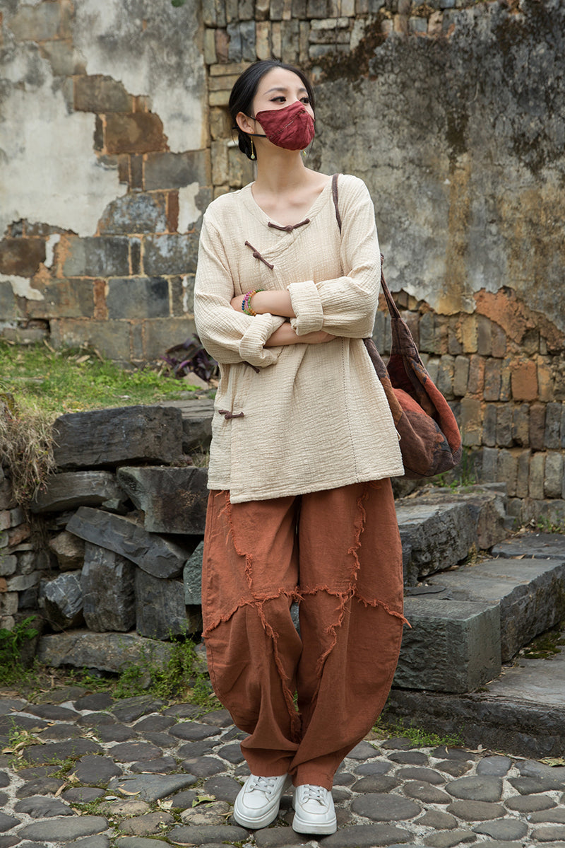 Vintage Summer Chinese Boat Collar Long Sleeve Shirt, Cotton  Linen Washed Frog Long T-Shirt 20250604