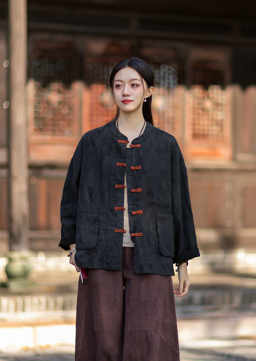 2026 Spring New Arrival: Vintage-inspired, distressed, sand-washed asymmetrical top; niche-style patchwork V-neck cotton-linen button-down cardigan