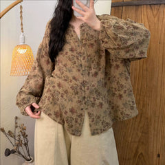 Women's Spring Artistic Floral V-Neck Cotton Shirt, Boho-Style Soft Cotton Yarn Digital Print V-Neck Shirt with Oversized Bell Sleeves