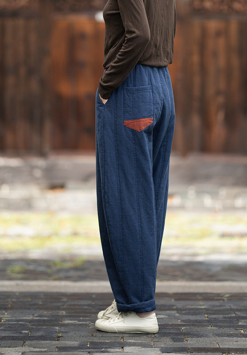 2026 Winter New Arrival: Ramie-Blend, Color-Blocked, Drawstring, Quilted, Thickened Cotton Pants—Versatile, Slimming, Loose-Fit Casual Pants
