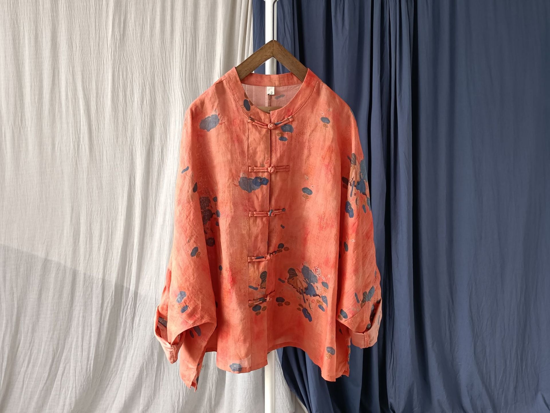 Printed Standing Collar Women Ramie Frog Button Shirt, Summer Vintage Loose Light Cardigan Plus size 20240802