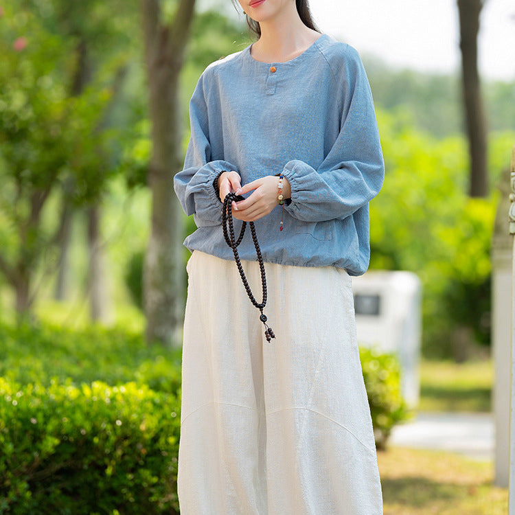 Loose long-sleeved cotton  linen T-shirt, vintage round neck cotton  linen  button top shirt 20240920