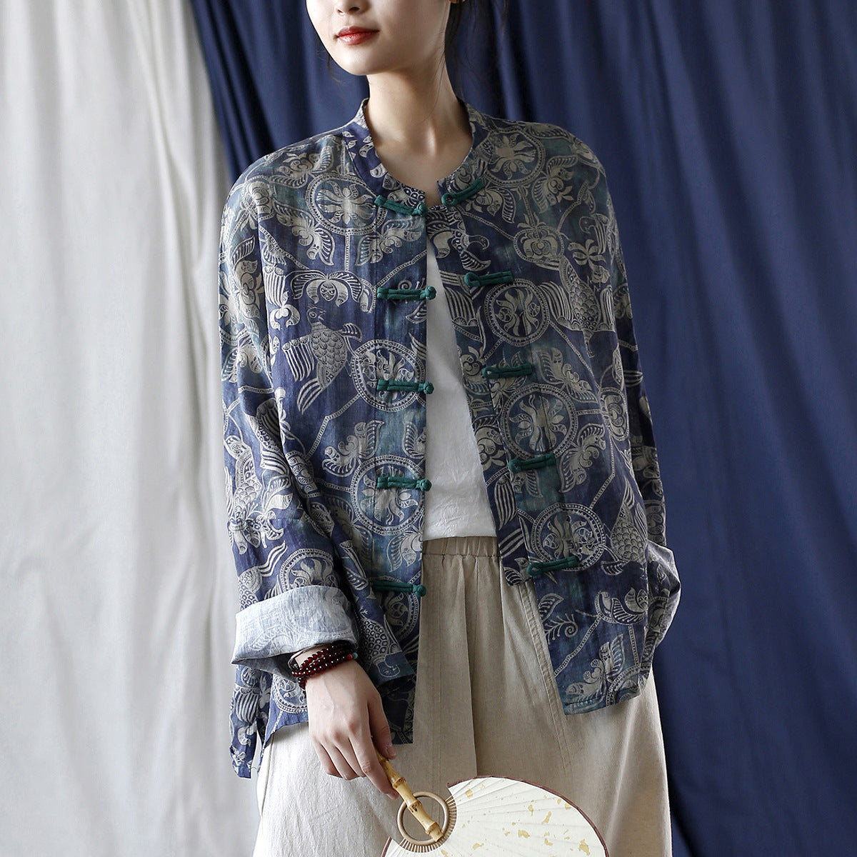 Printed Standing Collar Women Ramie Frog Button Shirt, Summer Vintage Loose Light Cardigan 20240802