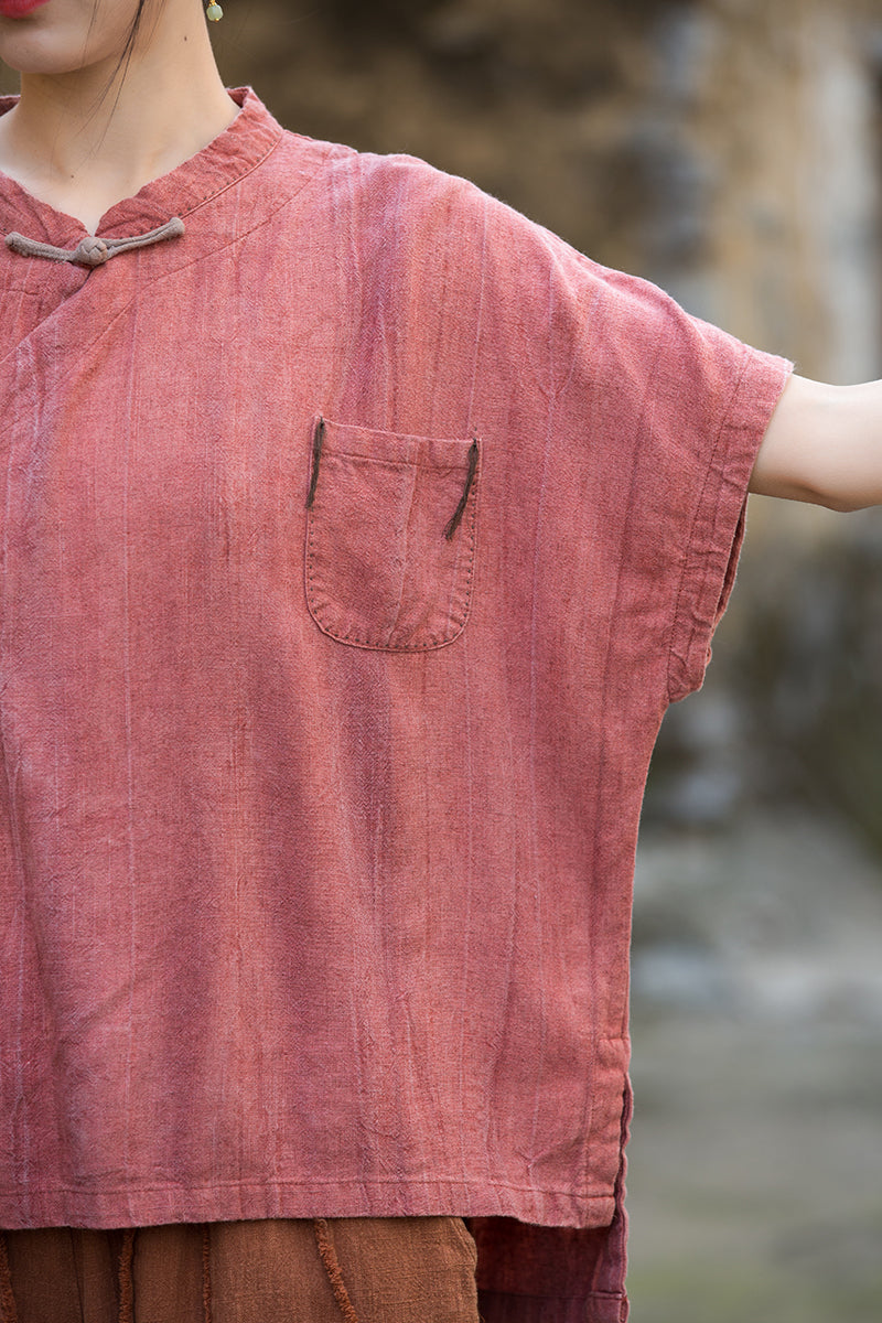 Women's Summer Chinese Short Sleeve Shirt, Vintage Cotton  Linen Casual Frog Button Shirt 20250604