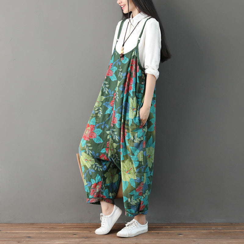 Printed floral cotton overalls, women's denim overalls, stonewashed loose overalls