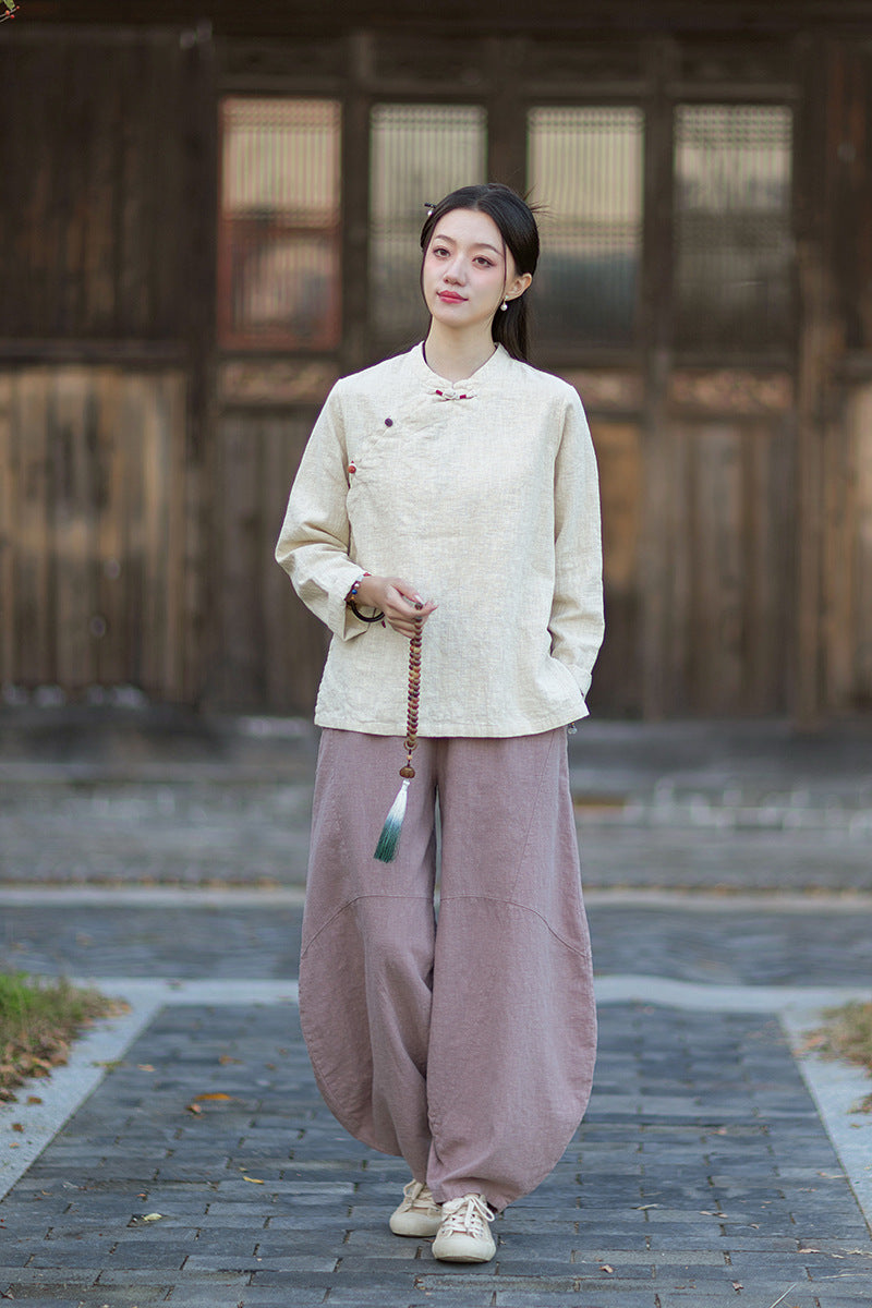2026 Spring New Arrival: Original Cotton-Linen Women's Chinese-Style Stand-Collar Top, Tea Ceremony-Style Women's Diagonal-Placket Color-Blocked Button-Down Shirt