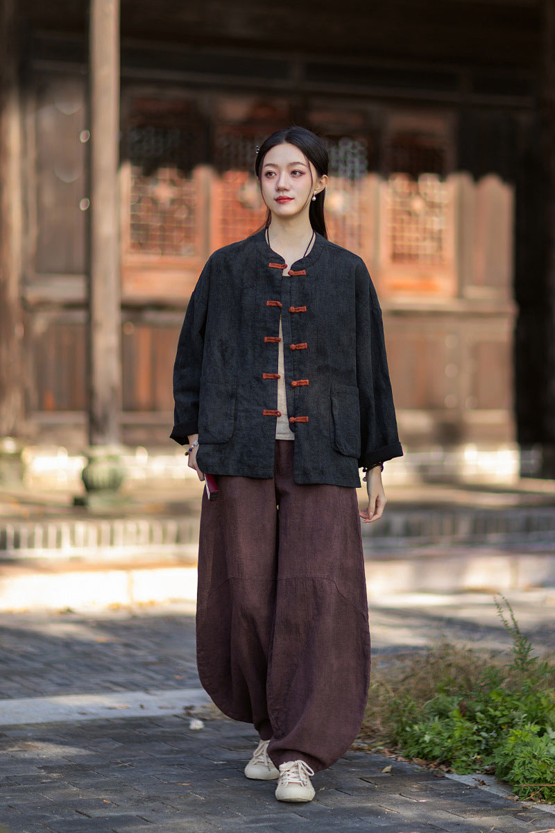 2026 Spring New Arrival: Vintage-inspired, distressed, sand-washed asymmetrical top; niche-style patchwork V-neck cotton-linen button-down cardigan