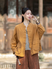 2026 Spring New Arrival: Original Vintage-Inspired Linen-Cotton Women's Cardigan, Loose-Fit Jacket with Stand-Up Collar and Button Closure