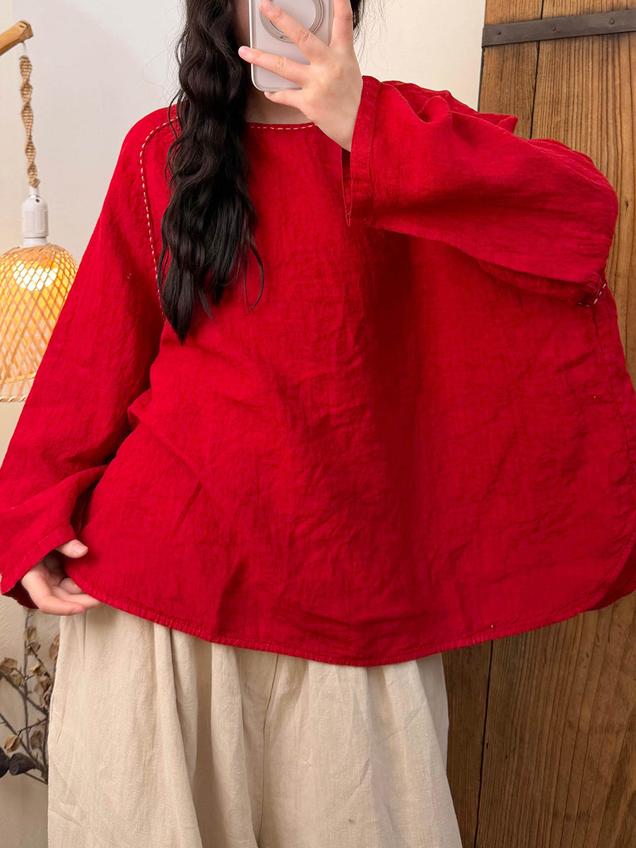 Women's Summer Loose-Fit Casual Linen Blouse with Hand-Embroidery