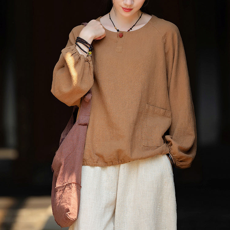 Loose long-sleeved cotton  linen T-shirt, vintage round neck cotton  linen  button top shirt 20240920