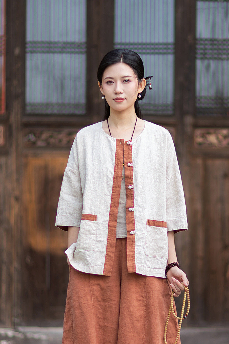 New New Chinese-Style Design: Comfortable, Lightweight Linen Top with Color-Blocked Patchwork and Button-Front Cardigan 20260511