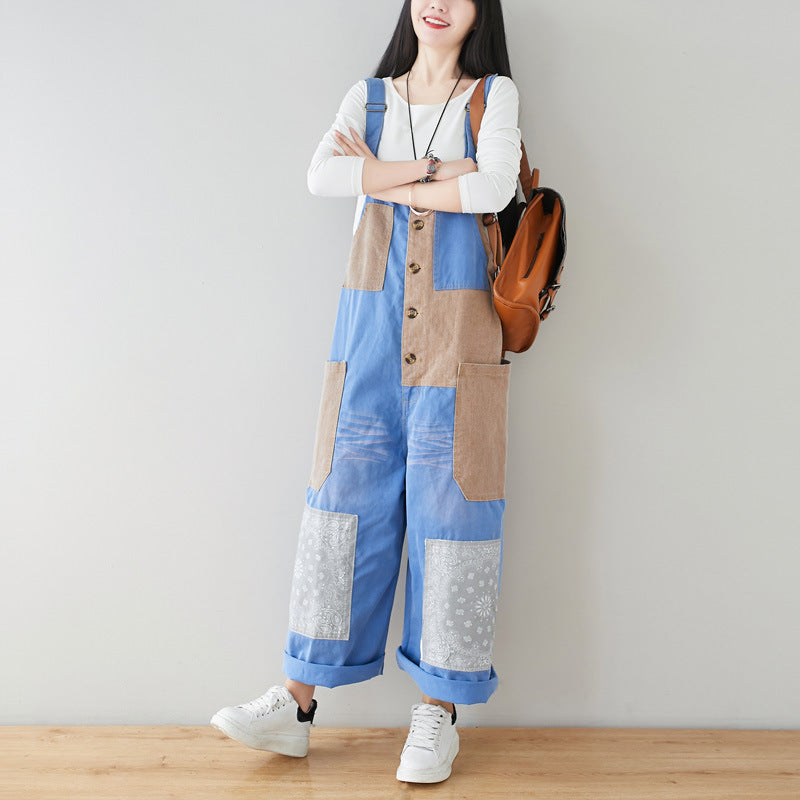 Patchwork cotton overalls, women's printed denim overalls, stonewashed loose overalls