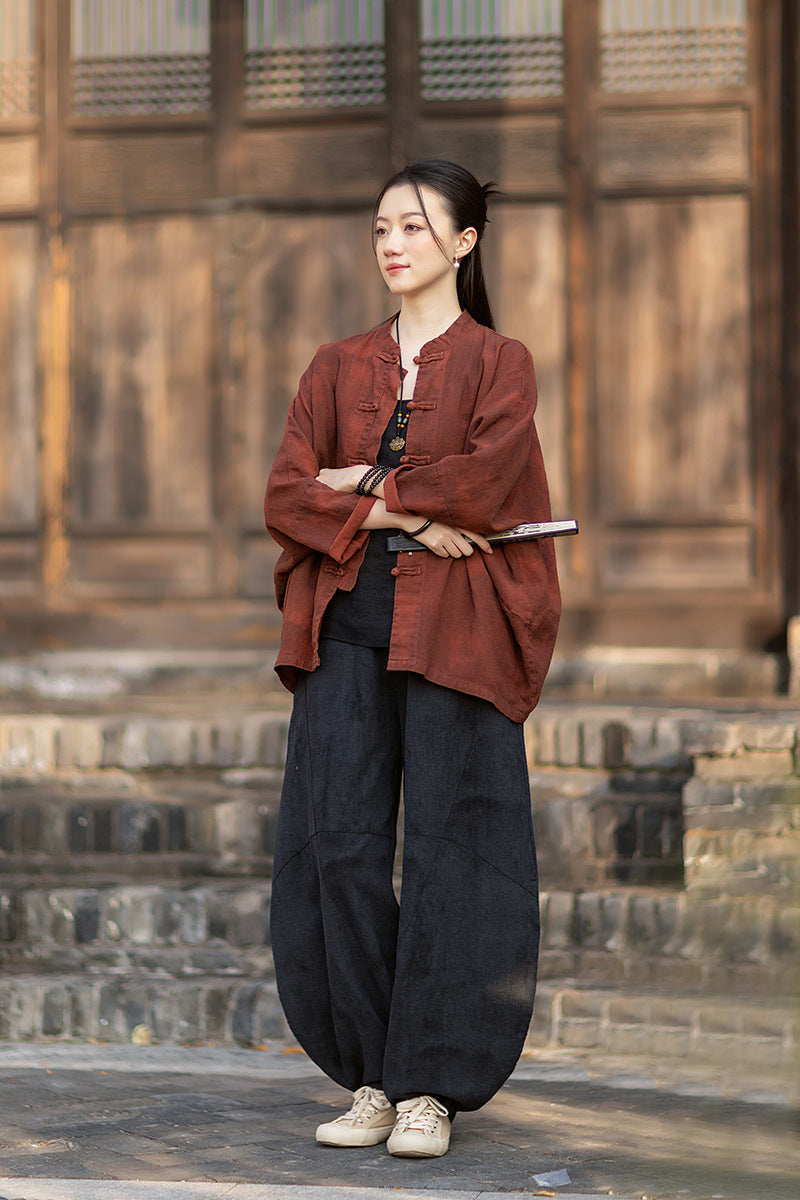 2026 Spring New Arrival: Original Cotton-Ramie Shirt for Women, Vintage Stand-Up Collar Ombré Chinese-Style Wrap-Front Cardigan