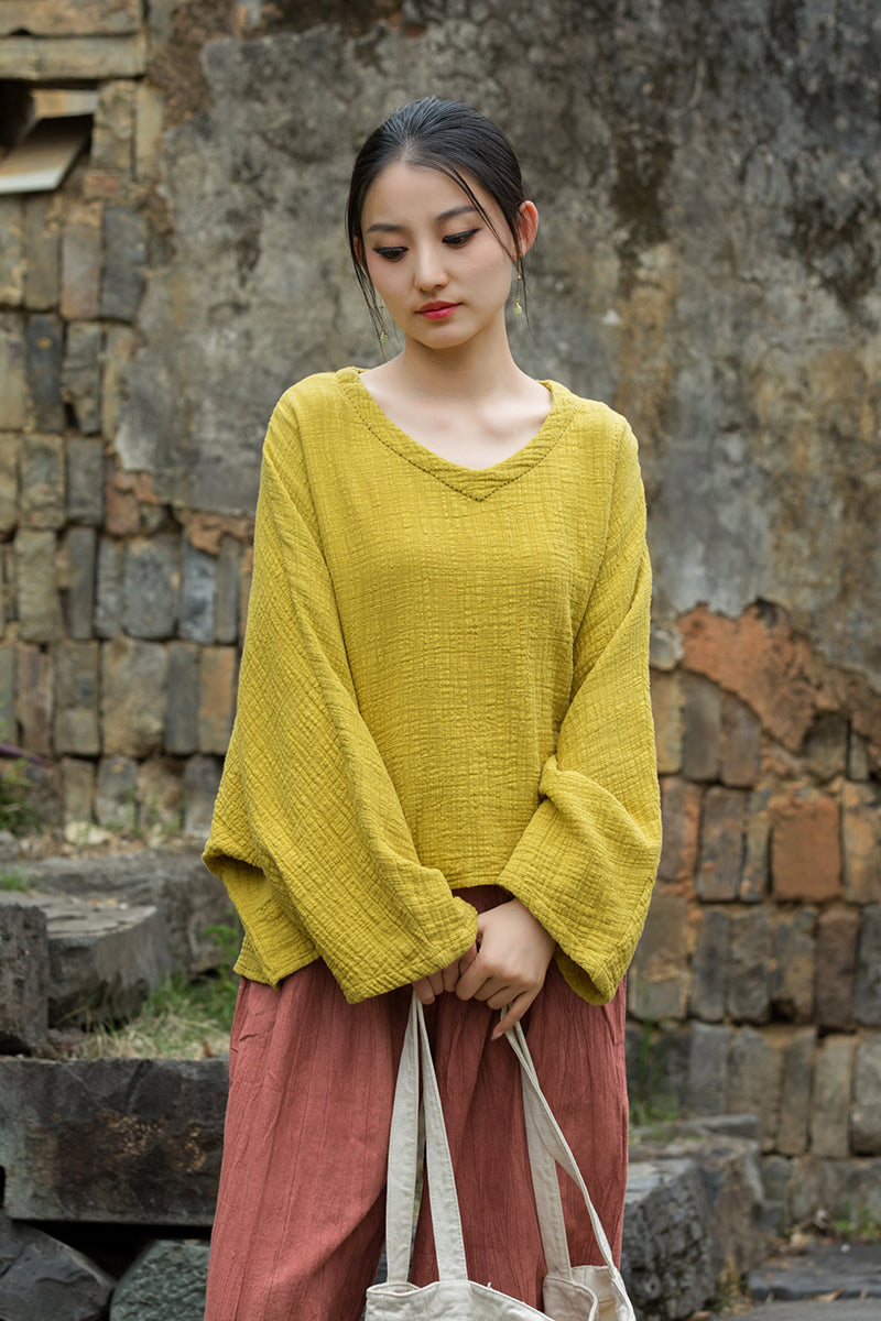 Vintage Summer Chinese Boat Collar Long Sleeve Shirt, Cotton  Linen Washed Frog Long T-Shirt 20250604