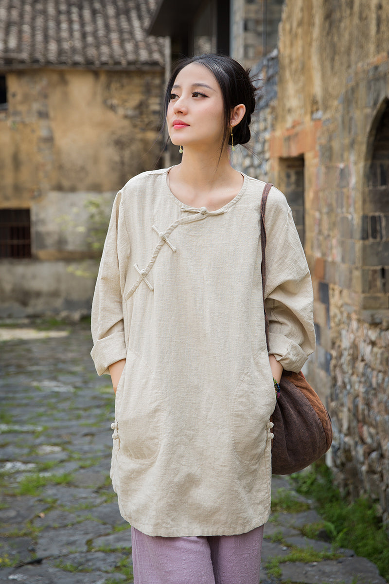 Vintage Summer Chinese Boat Collar Long Sleeve Shirt, Cotton  Linen Washed Frog Long T-Shirt 20250604