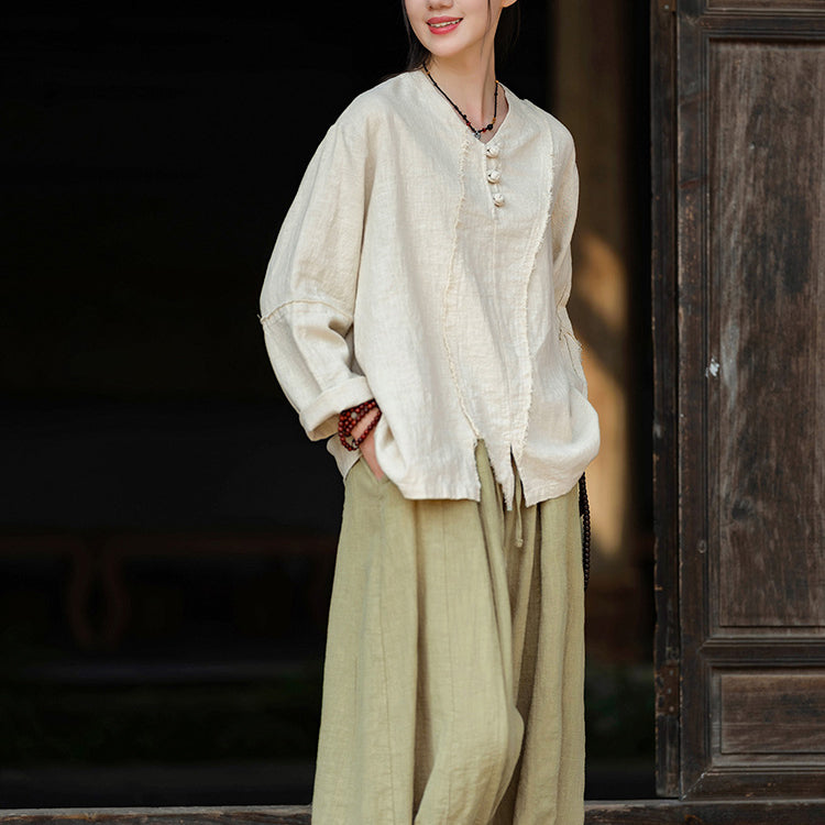 Woman Vintage Chinese Long Sleeve Cotton Linen Shirt with Embroidery V-Neck Loose Top 20240920