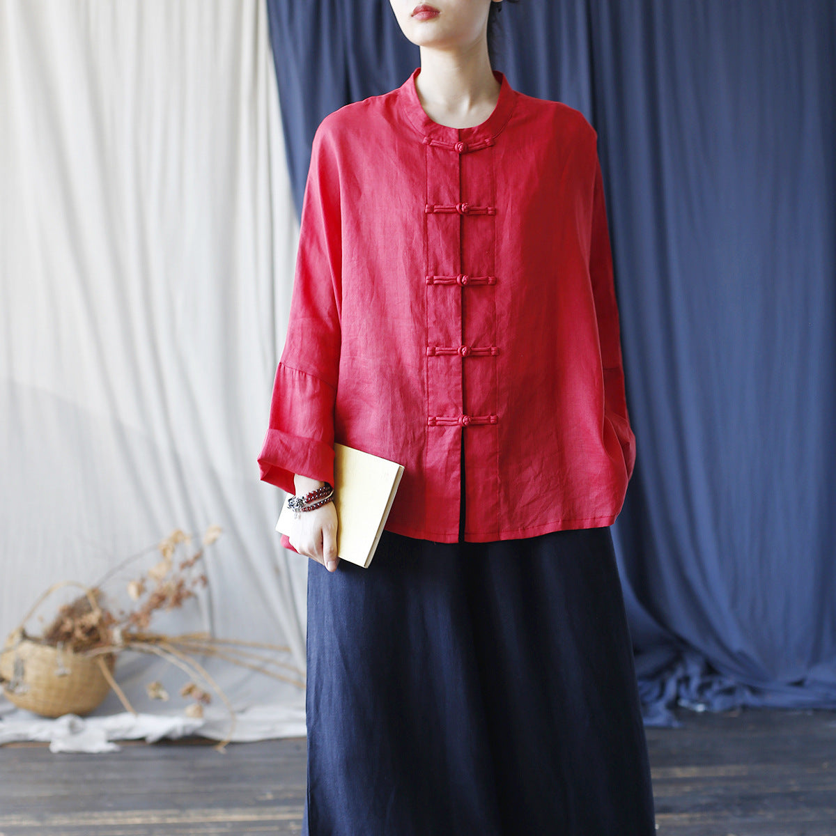Summer Standing Collar Women Ramie Frog Button Shirt, Literary Retro Long Sleeve Loose Light Cardigan 20240802