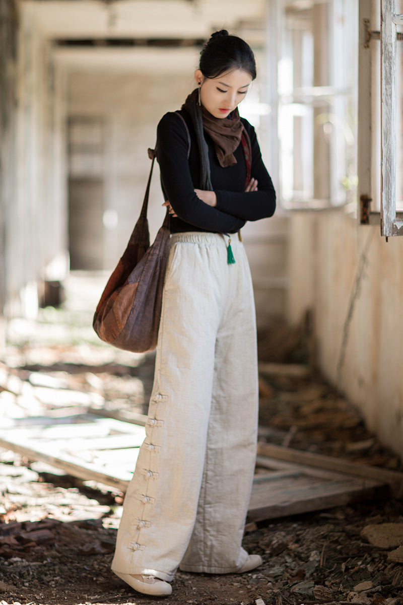 2026 Winter Cotton-Linen Women's Fashion: New Arrival—Original, Unique, Versatile, and Warm Women's Straight-Leg Quilted Trousers with Ramie and Cotton Padding