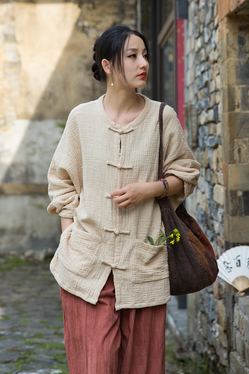 Summer Chinese loose cardigan, cotton linen washed frog long shirt 20250604