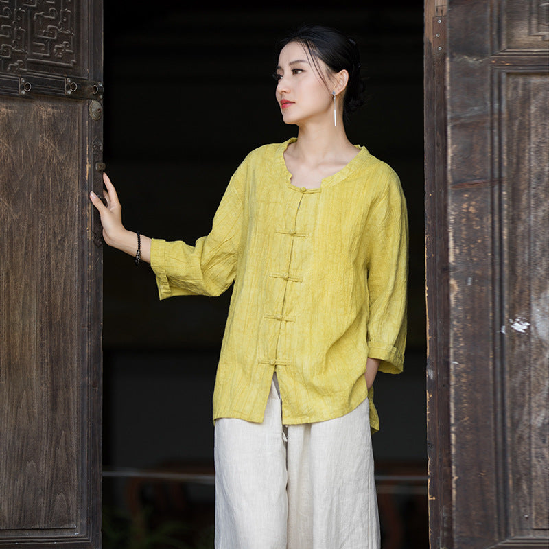 Summer cotton  Chinese stand-up collar shirt, sandwashed frog button women's long-sleeved shirt 20240714