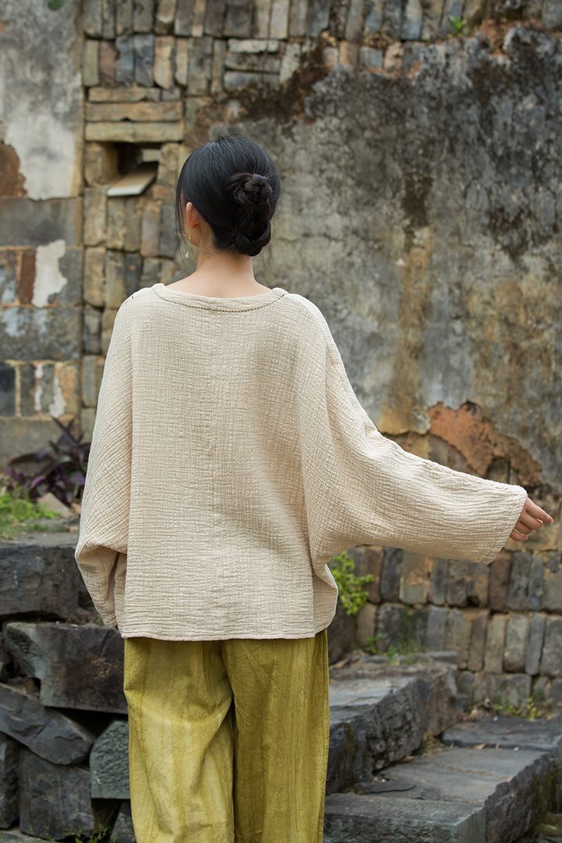 Vintage Summer Chinese Boat Collar Long Sleeve Shirt, Cotton  Linen Washed Frog Long T-Shirt 20250604