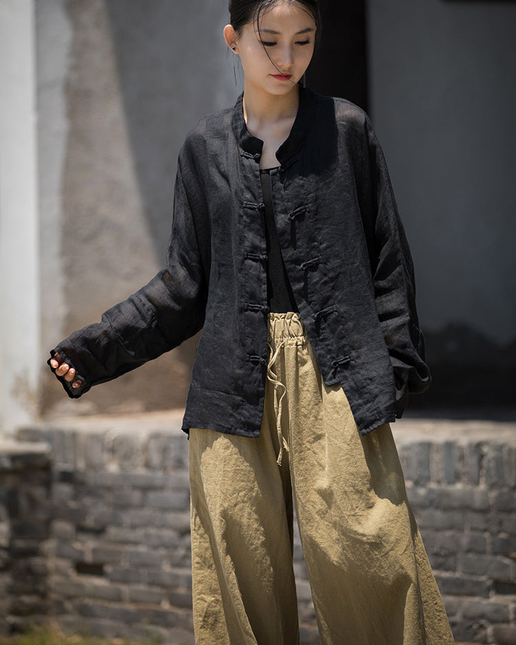 Summer Ramie Chinese Standing Collar Shirt,Sand Washed Frog Button Women's Long Sleeve Shirt 20240714