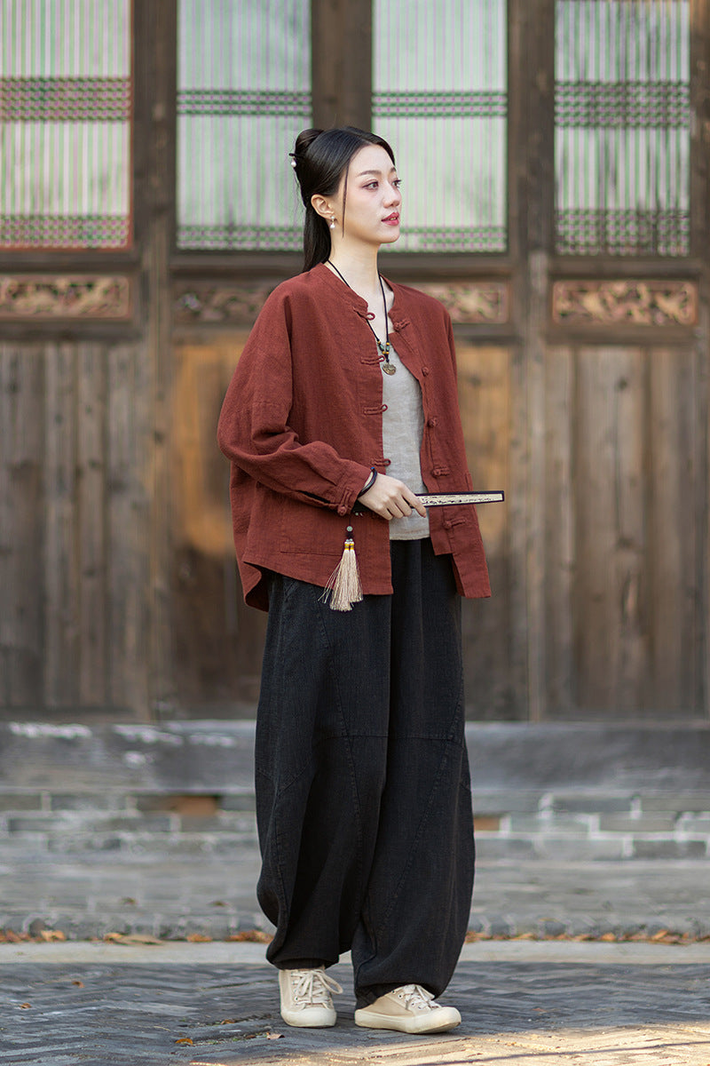 2026 New Arrival: Women's Long-Sleeve Cotton-Linen Blouse, Loose-Fit Chinese-Style Stand-Up Collar with Button-Down Front