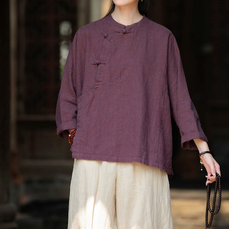 Women's Vintage Chinese Frog Button Long Sleeve Cotton Linen Shirt with Embroidery V-Neck Loose Blouse Shirt 20240920