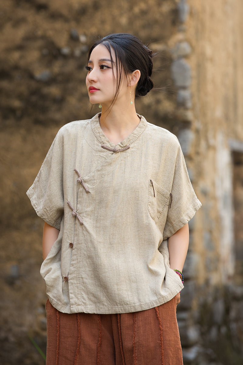 Women's Summer Chinese Short Sleeve Shirt, Vintage Cotton  Linen Casual Frog Button Shirt 20250604