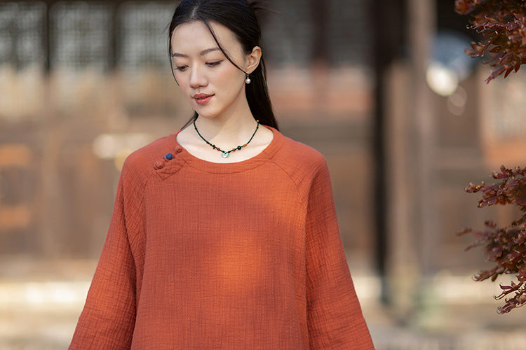 2026 Spring New Arrival: Retro-Chic Cotton-Linen Women's Round-Neck Color-Blocked Button-Down Blouse, Pullover T-Shirt