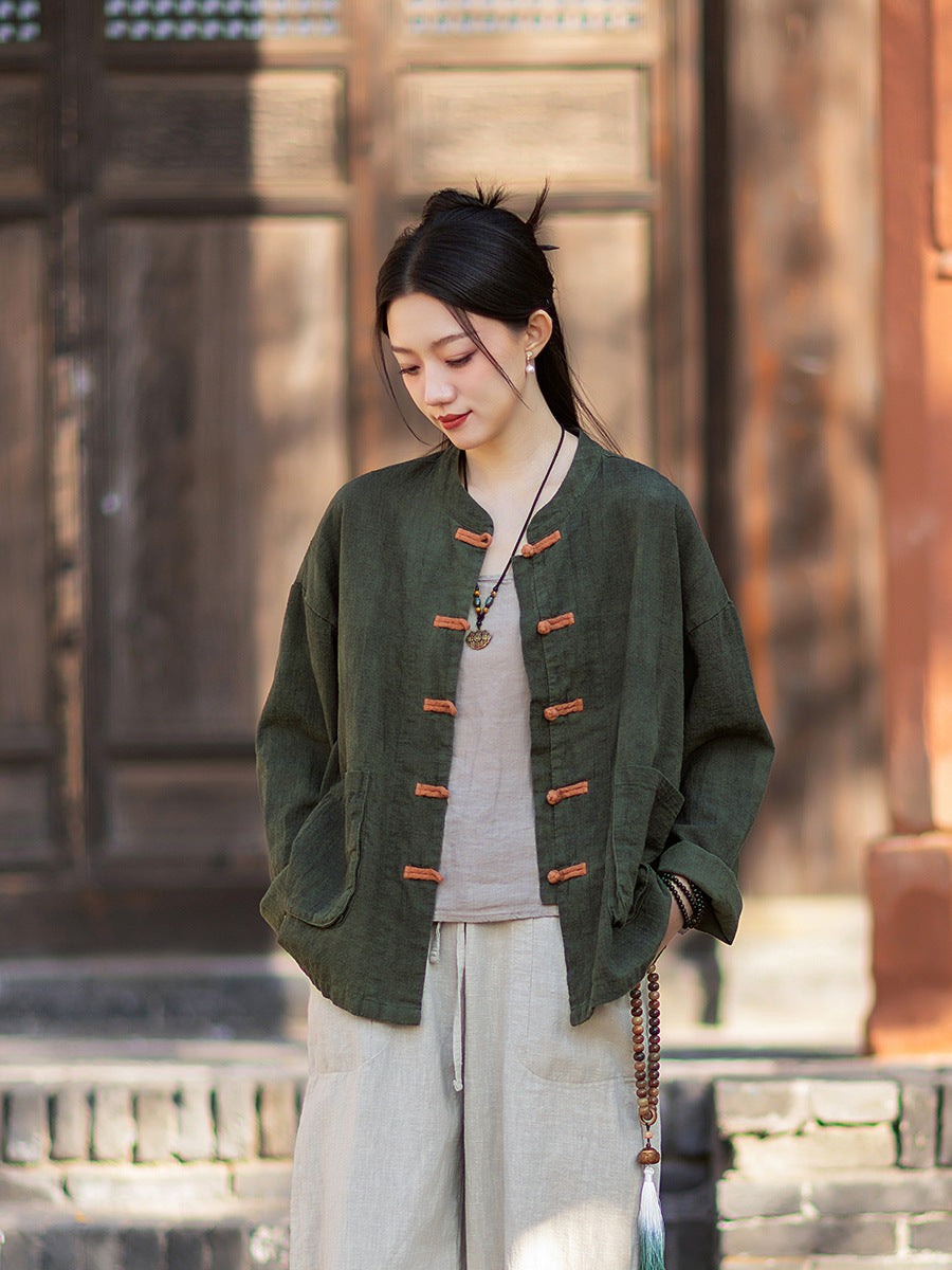 2026 Spring New Arrival: Vintage-inspired, distressed, sand-washed asymmetrical top; niche-style patchwork V-neck cotton-linen button-down cardigan