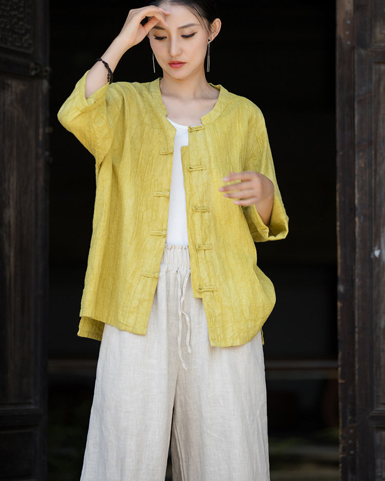 Summer cotton  Chinese stand-up collar shirt, sandwashed frog button women's long-sleeved shirt 20240714