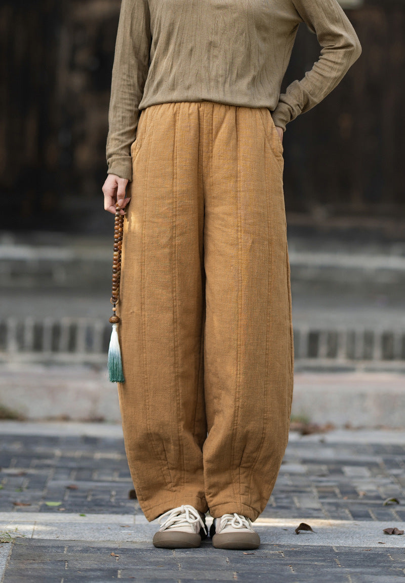 2026 Winter New Original Cotton-Linen Women's Retro, Versatile, Slimming, Elastic-Waist, Loose-Fitting, Casual, Patchwork Straight-Leg Pants