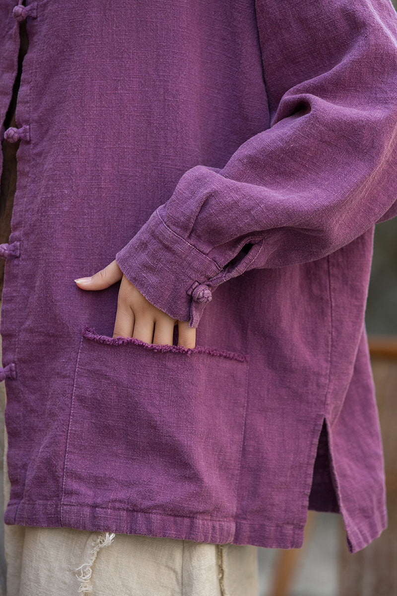 Vintage summer Chinese long sleeve shirt, cotton and linen washed and brushed frog button shirt 20250604