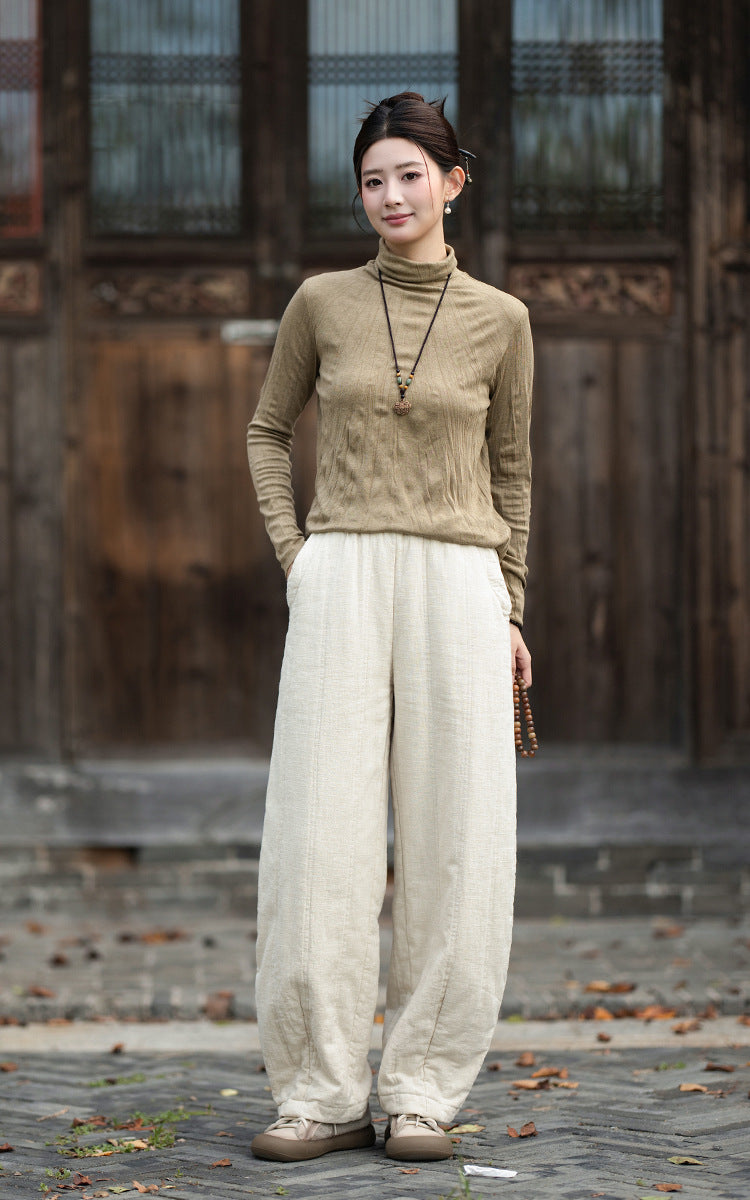 2026 Winter New Original Cotton-Linen Women's Retro, Versatile, Slimming, Elastic-Waist, Loose-Fitting, Casual, Patchwork Straight-Leg Pants
