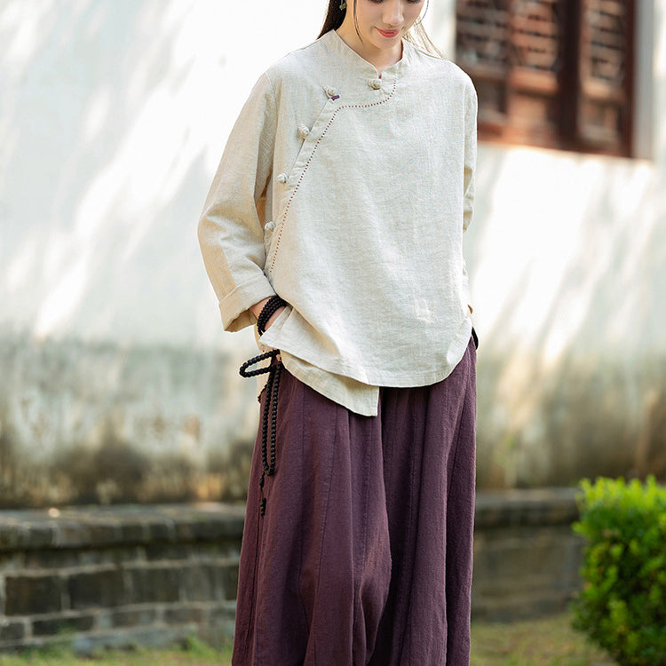 Women's Vintage Chinese Long Sleeve Cotton Linen Shirt with Embroidery Boat Neck Loose Casual Shirt 20240920