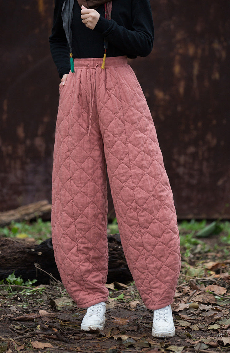 2024 Winter Thickened Diamond Quilted Warm Cotton Linen Pants, Vintage Loose Cotton Linen Tapered Pants 20241114