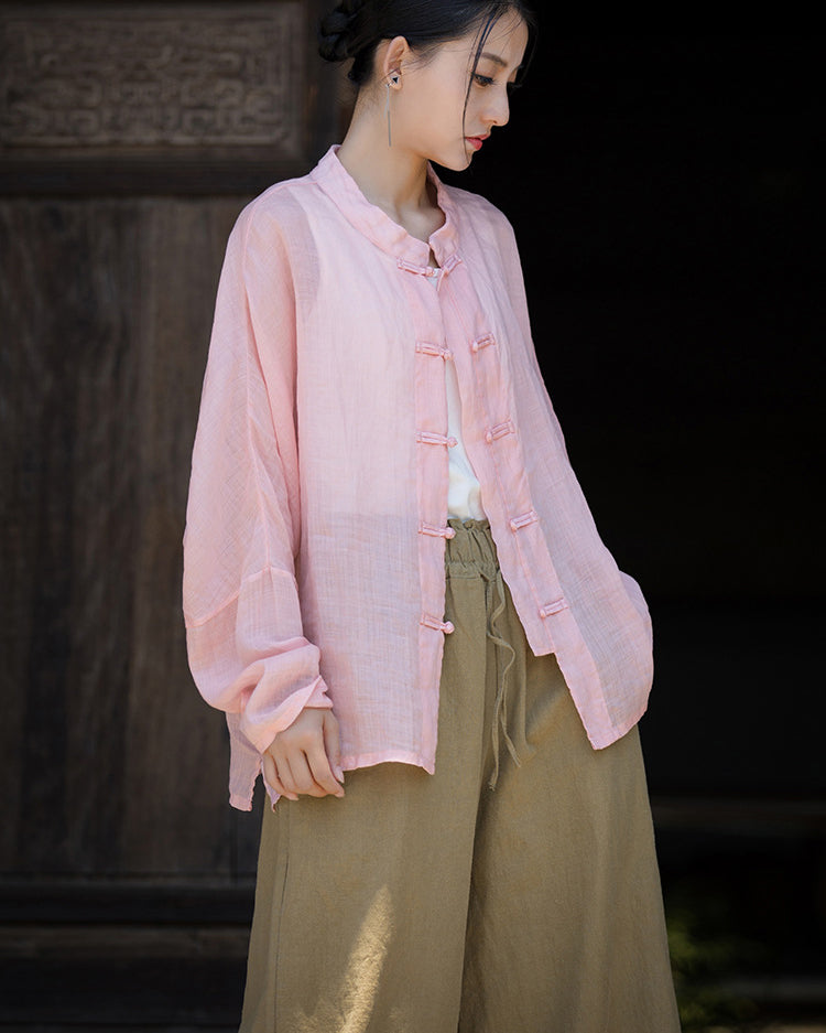 Summer Ramie Chinese Standing Collar Shirt,Sand Washed Frog Button Women's Long Sleeve Shirt 20240714
