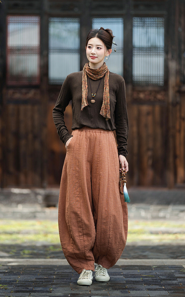 2026 Original New Arrival: Winter Ramie-Cotton Sandwashed Distressed Patchwork Pumpkin-Colored Women's Harem Pants