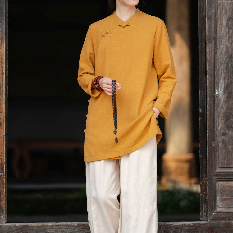 Women's vintage Chinese frog button long-sleeved cotton and linen shirt, stand-up collar loose cotton and linen jacket 20240920