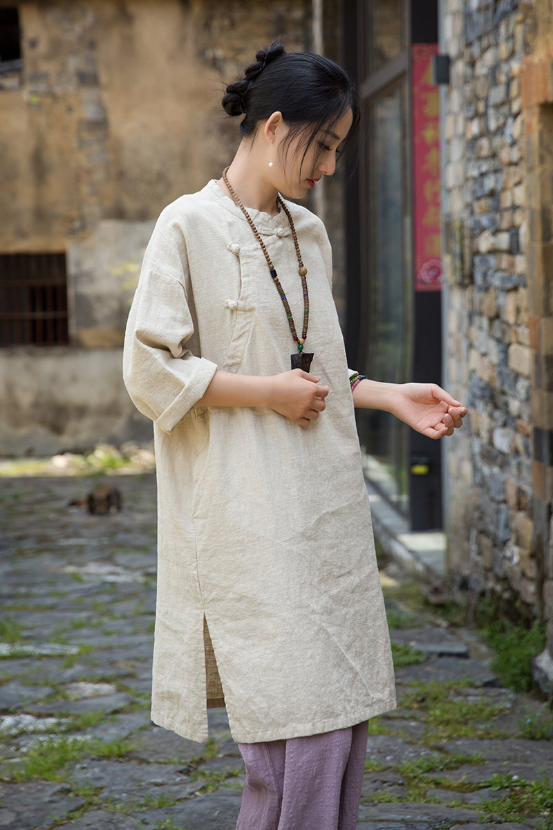 Women's summer Chinese loose frog button cheongsam, retro cotton  linen casual long shirt20250604