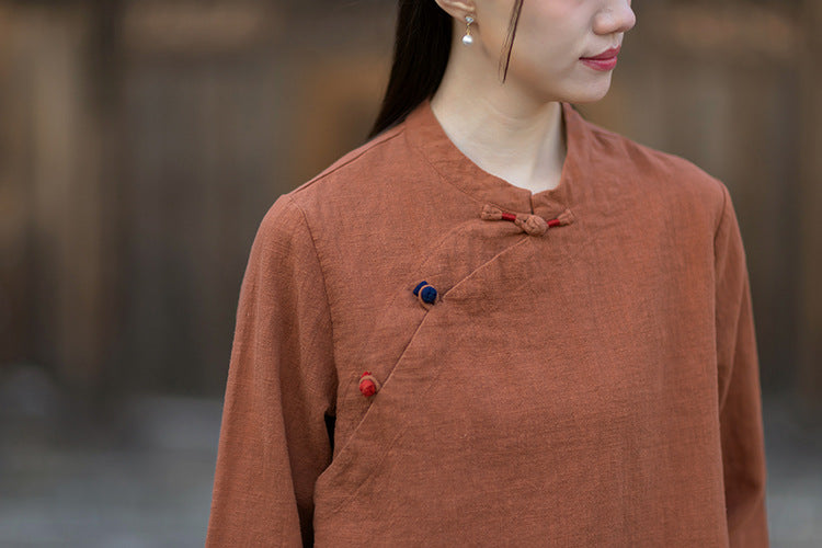 2026 Spring New Arrival: Original Cotton-Linen Women's Chinese-Style Stand-Collar Top, Tea Ceremony-Style Women's Diagonal-Placket Color-Blocked Button-Down Shirt